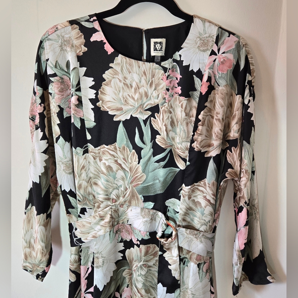Anne Klein Floral On Black Midi Dress, 3/4 Sleeve, Lined, Size 10, NWT - Picture 2 of 7